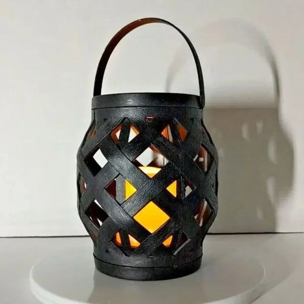 Decorative Tabletop LED Basket Weave Lantern Black Plastic Flameless Candle New